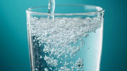 A glass filled with clear, refreshing water as it's poured, with droplets splashing and ice cubes visible