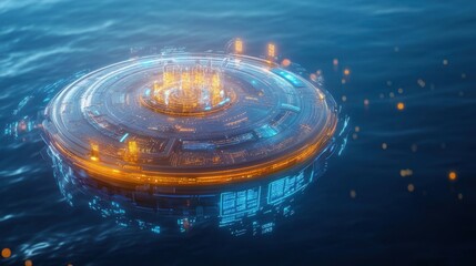 Wall Mural - A floating data center on a futuristic ship, surrounded by water,