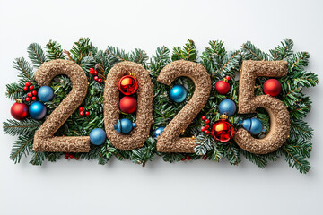 Wall Mural - 2025, number 2025 made from christmas tree, garlands on white background
