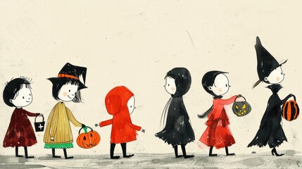 A whimsical drawing of kids trick-or-treating in colorful costumes.