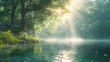 © Thuyet - A tranquil river setting where John the Baptist is baptizing Jesus, soft sunlight filtering through the trees, creating a halo effect, clear water reflecting the scene, lush greenery on the riverbank,