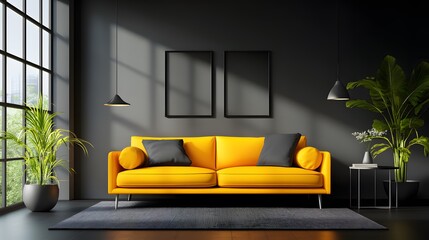 mock up poster frame in Luxury dark living room interior background, black empty wall mock up, modern living room with yellow sofa and black lamp