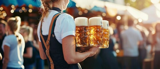 Waitress Serving Multiple Beer Steins at Oktoberfest, Traditional Bavarian Beer Service