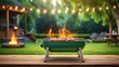 © Adnan - BBq grill in the back yard background with empty wooden table. picnic, empty, grill, bar-b-q, sparkle, yard, illustration, design, green, nobody, back, desk, display, edge, fire, flames, floor, furnit