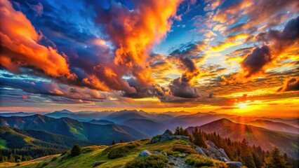 Wall Mural - Mountain sunset with symphony of colors and clouds , sunset, mountains, symphony, sky, clouds, dusk, vibrant, colorful, majestic