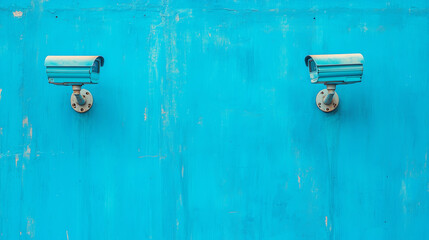 Two security cameras mounted on a weathered blue wall, capturing each other