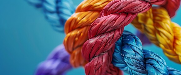 Close-up of colorful braided ropes on a blue background.