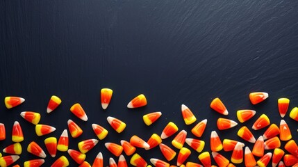 Wall Mural - A border of candy corn and Halloween sweets on a dark background.