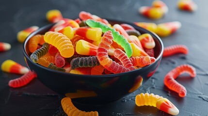 Wall Mural - A bowl of mixed Halloween sweets with candy corn and gummy worms.