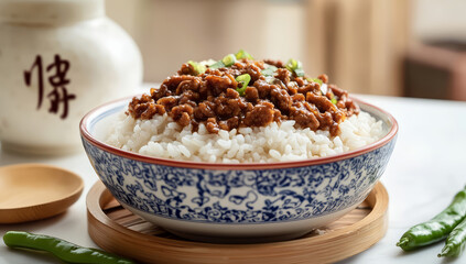 White rice with brown meat sauce. Chinese traditional festival food theme