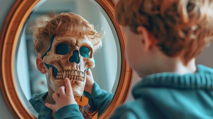 Wall Mural - A child trying on a Halloween mask in front of a mirror.