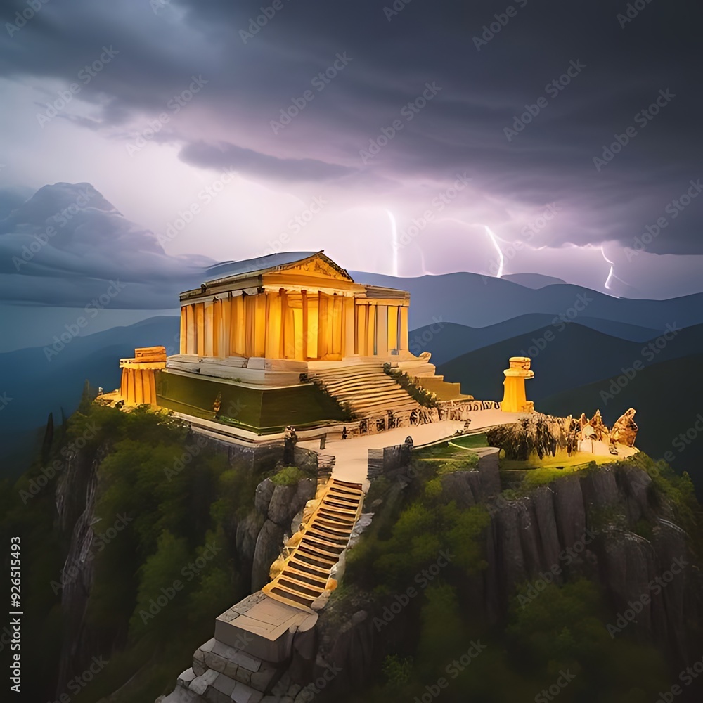 Grand scene with the gods of Olympus on a mountaintop, including Zeus ...