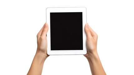 Canvas Print - Close-up of female hands holding a white tablet with a black screen isolated on a white background.