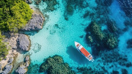 A boat anchored above a stunning reef, surrounded by the clear turquoise waters of Eastern Fiji.