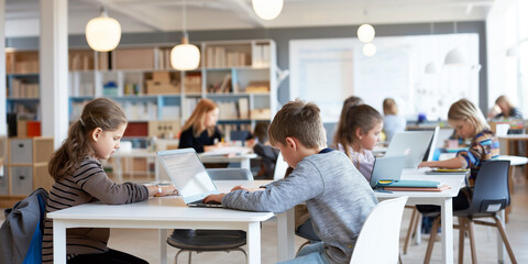 Digital education: Elementary student using a laptop to study in school, representing the future of learning.
