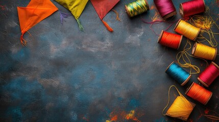 Top view of kites and colorful spools of thread arranged on a textured surface, representing Makar Sankranti with space for text