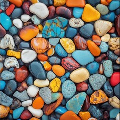 A detailed view of colorful pebbles, with each stone contributing to a vivid and textured background composition