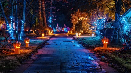 Wall Mural - A driveway lined with Halloween lights and creepy decorations.