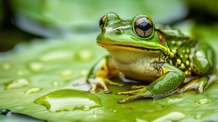 Green amphibian with bulging eyes perches on lily pad, water droplets glistening on vibrant skin