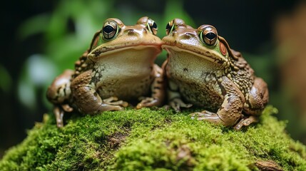 Wall Mural - two frogs sitting on a moss covered log, Toads amongst moss on a log 