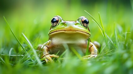 Wall Mural - Portrait amphibian frog in the grass