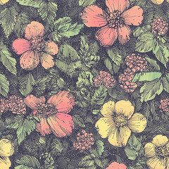 Wall Mural - Seamless pattern Vintage Floral and Leaf Pattern on Dark Background