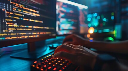 Close-up of hands typing on a backlit keyboard in a dimly lit room, with a monitor displaying code in the background.