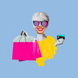 © Марина Демешко - Antique smiling statue's head with red lips in sunglasses holding pink shopping paper bags full of money and bank plastic credit card on blue color background. Contemporary art. Creative modern design