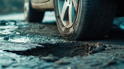 Tyre close to a pothole, emphasizing the potential damage to vehicles and the need for road repairs