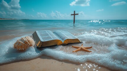 A Bible lies open on the beach, surrounded by seashells, as waves softly lap at its pages under a bright, clear sky