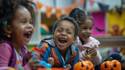 Wall Mural - A group of children laughing and playing with Halloween props and toys.