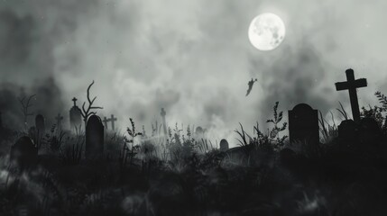 Wall Mural - A Halloween border depicting a graveyard with eerie headstones, moonlit fog, and ghostly figures.