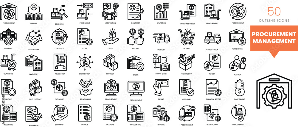 Set of minimalist linear procurement management icons. Vector ...