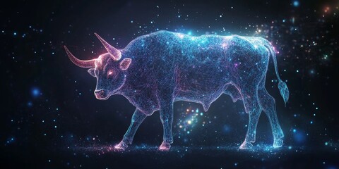 Celestial Taurus: Mystical Bull Emanating Cosmic Energy in AI-Generated Starscape. Abstract Zodiac Art for Captivating Web Designs and Astrological Marketing. Dreamy 4K Wallpaper Fusing Astrology with