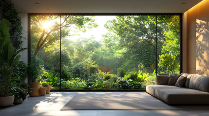 Modern Living Room with Large Windows and Lush Green View