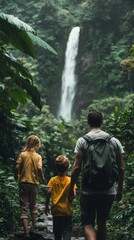 A family walks hand in hand through a rainforest towards a beautiful waterfall