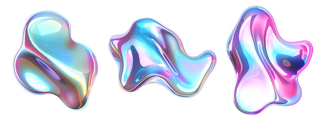 Set of 3D Iridescent holographic fluid shape blob with colorful gradients elements design, isolated on transparent background