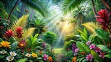 of a tropical forest with vibrant flowers, creating a colorful paradise background , tropical, forest,vibrant, flowers