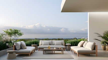 outdoor living space features a cozy patio with plush couch, vibrant throw pillows, and chairs surrounding a wooden coffee table amidst lush greenery and plants.