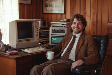 Classic Tech Enthusiast, 1980s Geek with Retro Computer