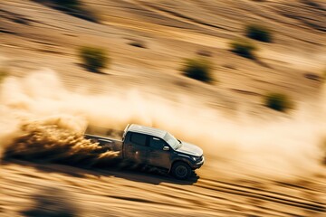 Dusty pickup truck racing across a vast desert landscape, leaving trails of sand and distant cacti blending into the blurred scene.