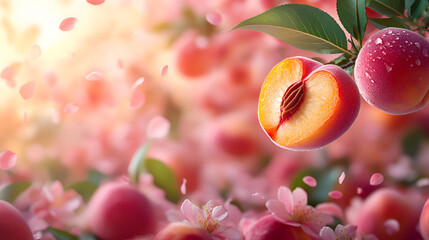 Poster - Freshly Picked Peaches with Delicate Pink Petals - Perfect for Your Summer Designs