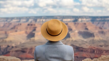 A person in a straw hat gazes at the breathtaking view of a canyon under a blue sky, reflecting tranquility and nature's beauty.