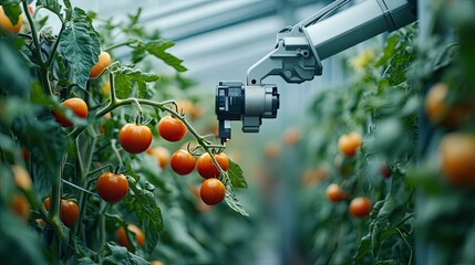 Mechanized arm navigating through tomato vines, showcasing innovation in agriculture within a tech-driven greenhouse.