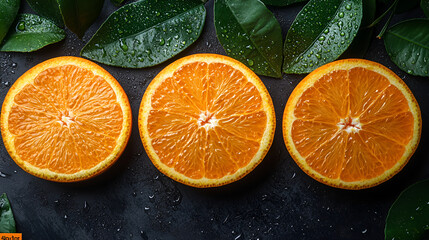 Wall Mural - Fresh Orange Slices with Green Leaves - Perfect for Summer Drinks and Recipes