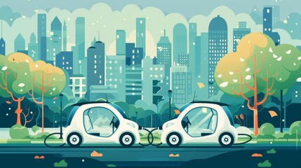 Electric cars in a city setting, promoting sustainable alternatives to reduce carbon footprint