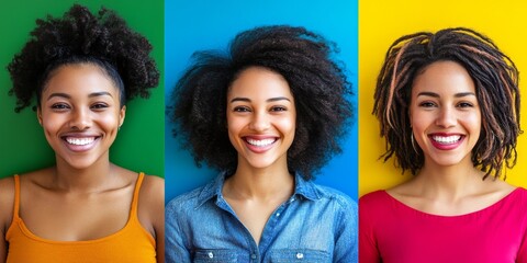 Radiant Smiles Against Vibrant Colors: Three beautiful African American women with bright smiles stand against a backdrop of vivid green, blue and yellow. 