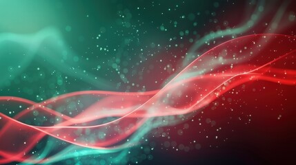 Wall Mural - Abstract red and green light waves with glowing particles on a dark background.