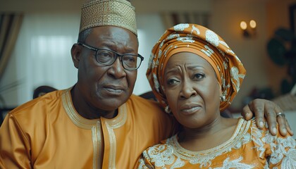 Poster - African american man and woman couple speaking with deaf language at home