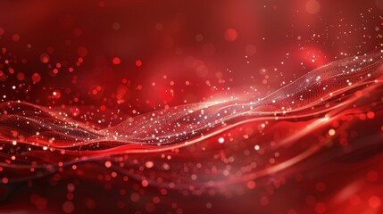 Wall Mural - a vibrant red abstract background with flowing waves and sparkling light particles.